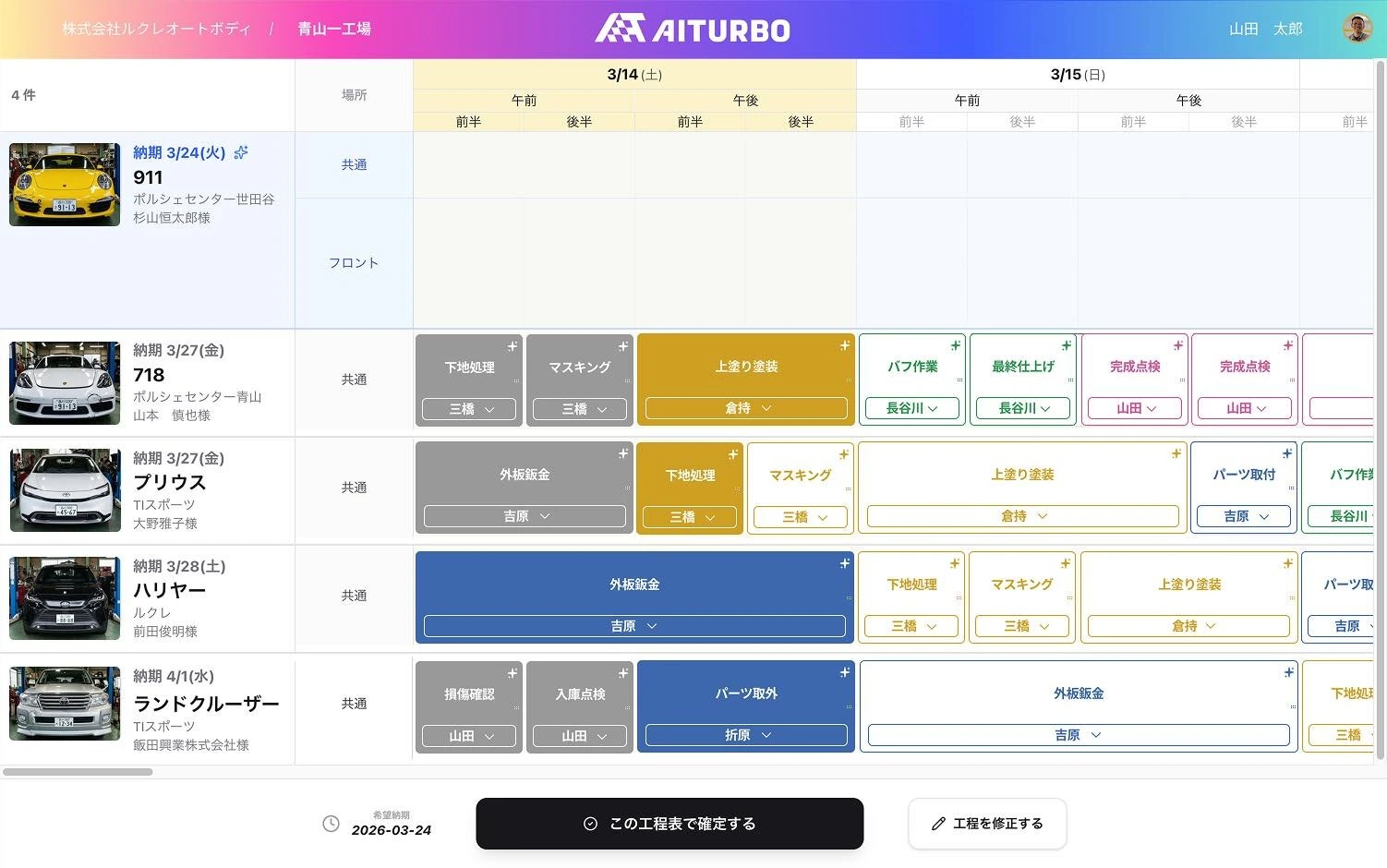 AITURBO の工程表（AIが最適な修理工程を提案）